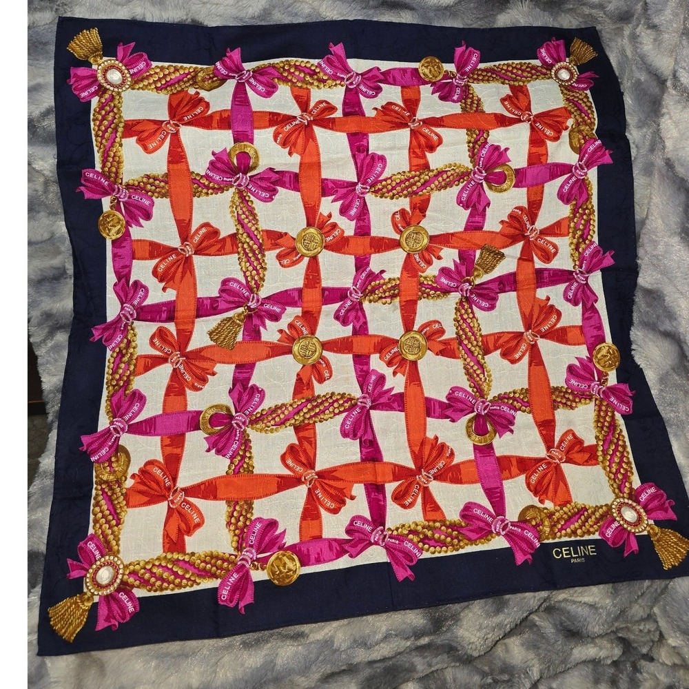EUC Celine Paris Silk Scarf Bandana‎ Neckerchief Ribbon Bow Print 20x20